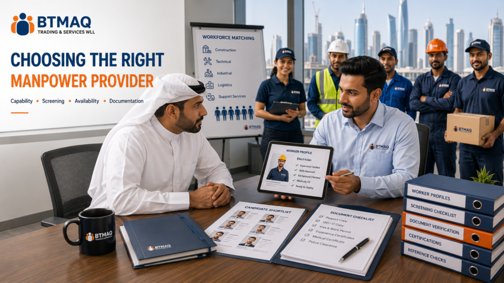 Business evaluating a contract manpower provider in Qatar for workforce capability and documentation