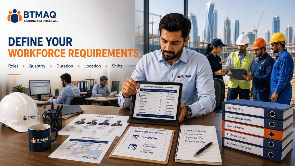 Contract manpower arrangement requirements including roles, quantity, duration and shifts