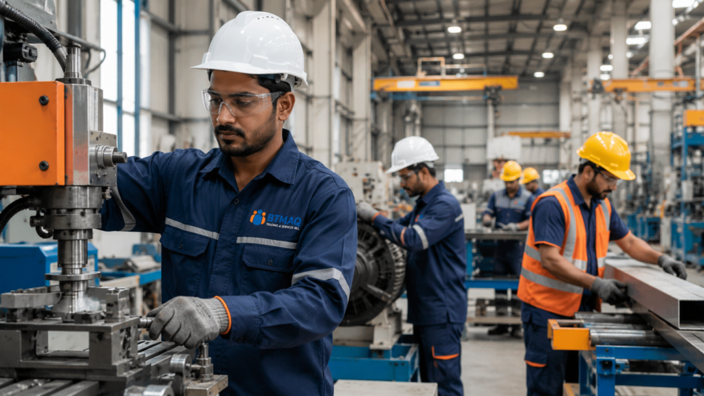 Industrial Manpower Supply in Qatar with workers operating in a modern industrial facility