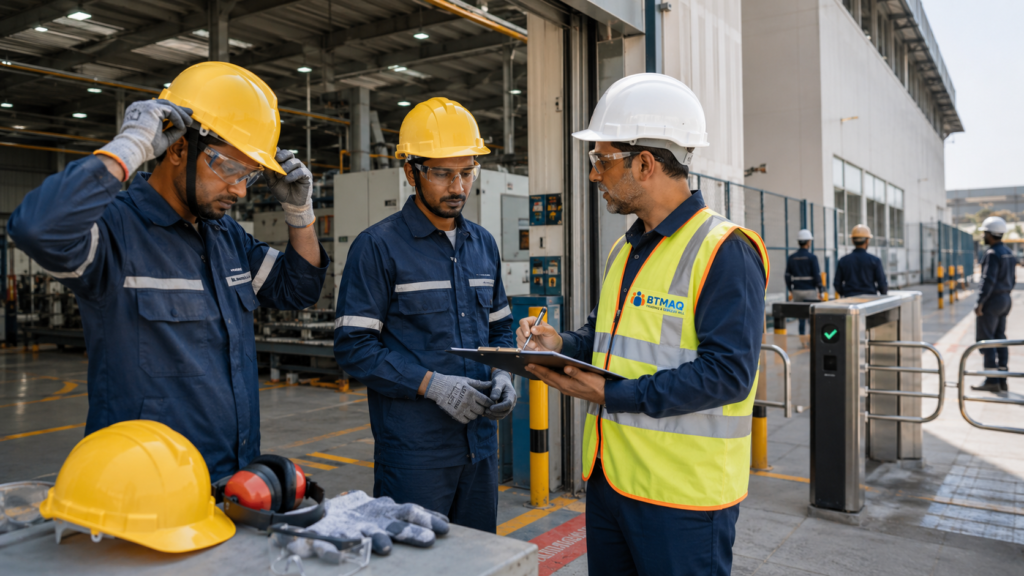Industrial Manpower Supply in Qatar with workers preparing for plant site requirements and PPE